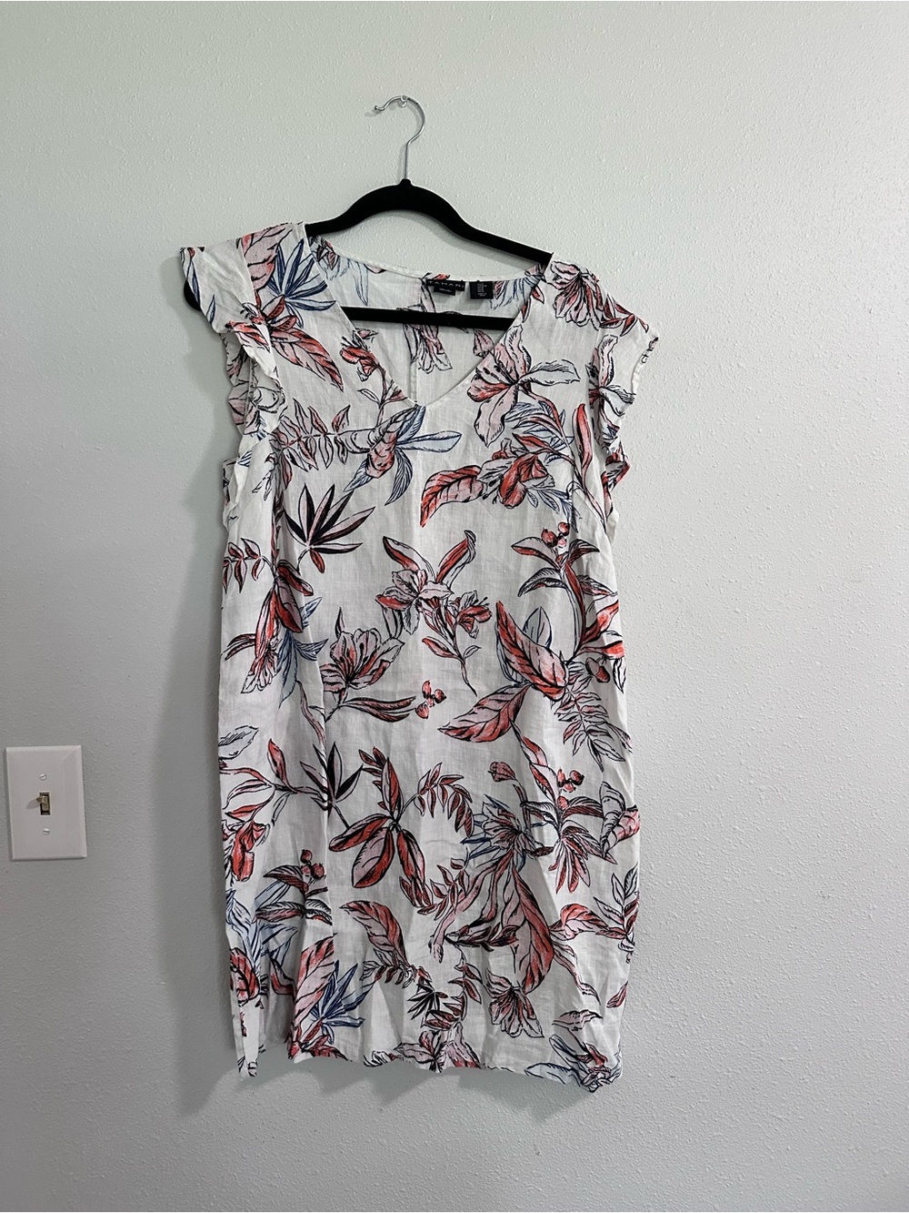 Tahari White Midi Dress with Red and Blue Leaf Print